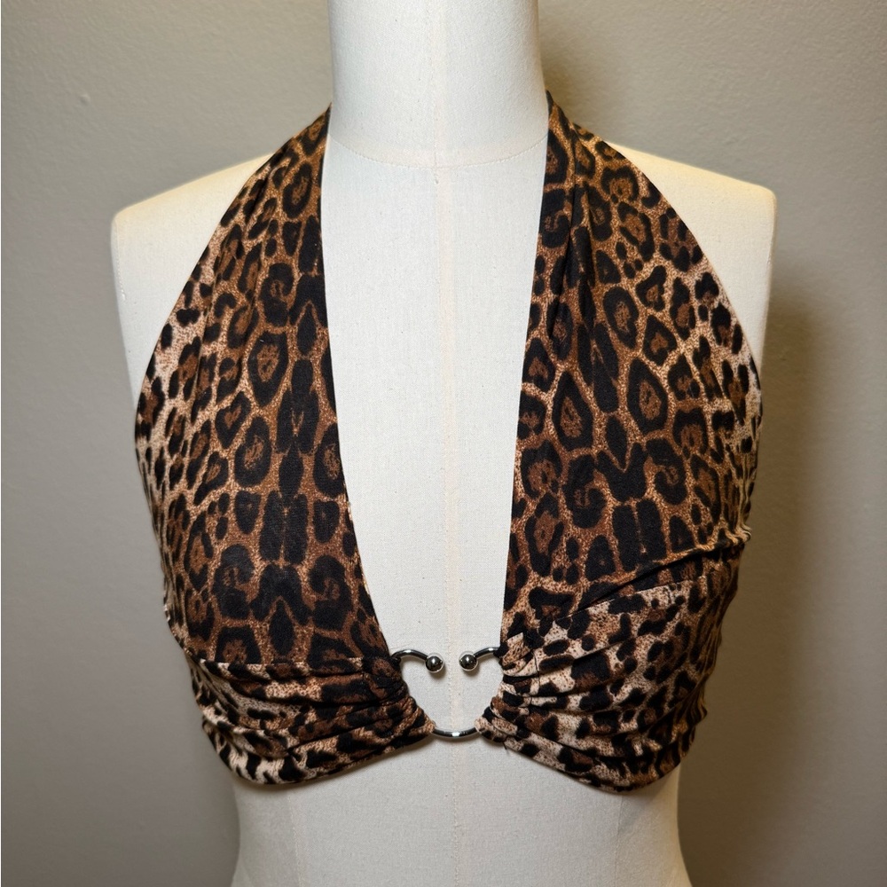 Leopard Print Halter Top with Metal Detail